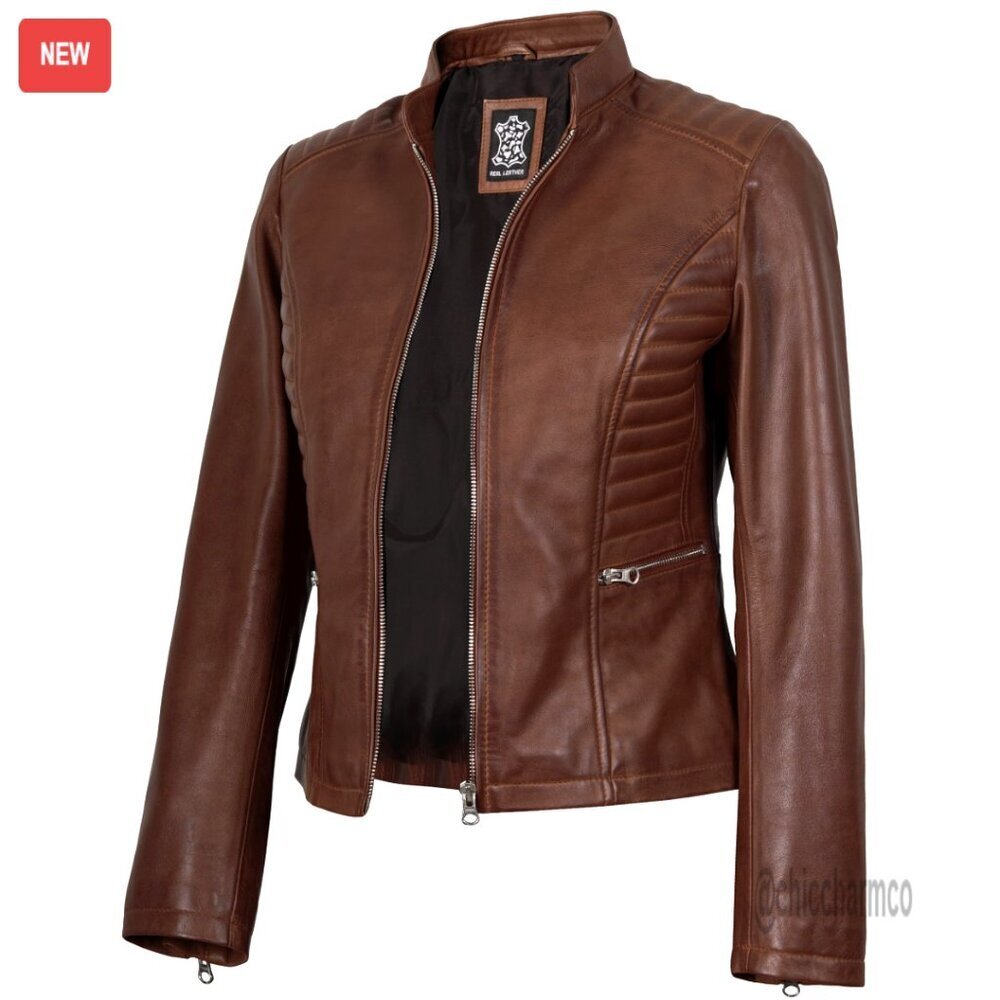 Lambskin Leather Jacket Women's Cafe Racer Stand Collar Stylish
